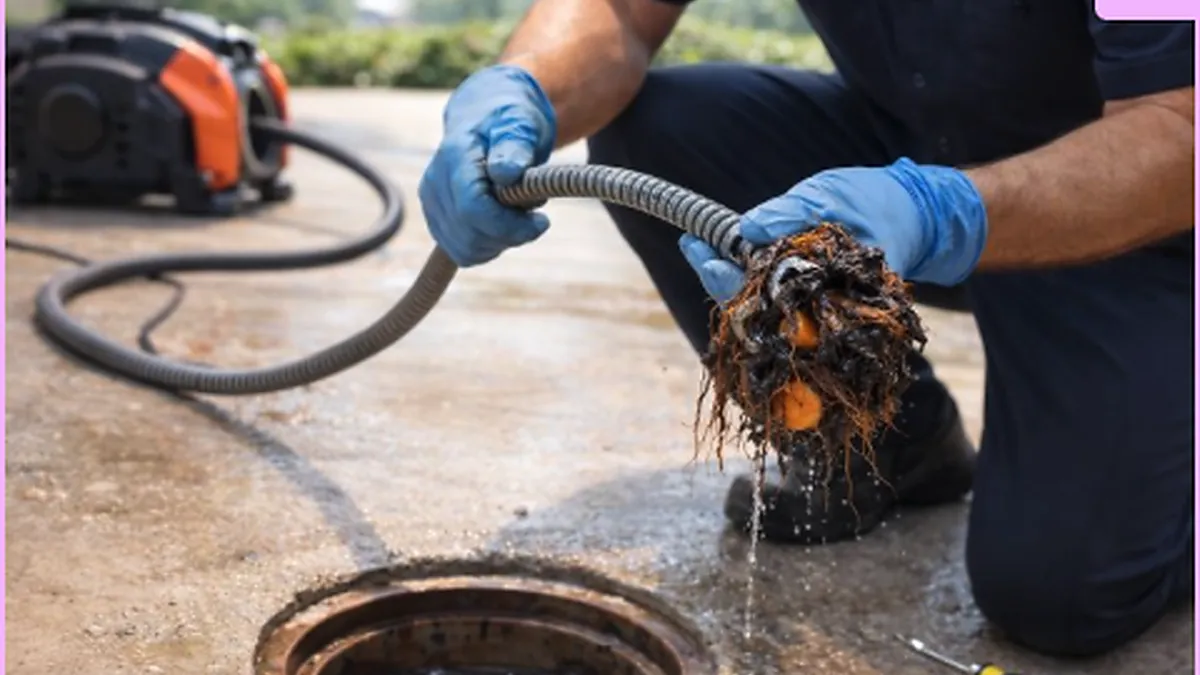 Technician clearing a blocked drain line
