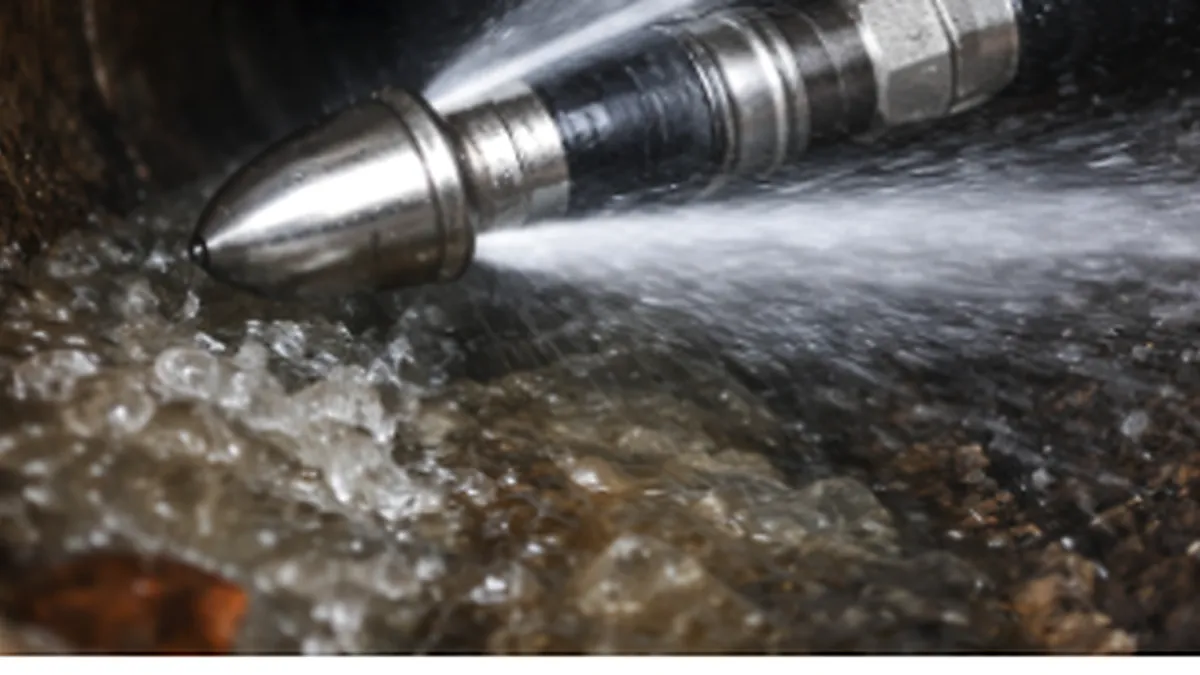 Hydro jet nozzle cleaning a drain line