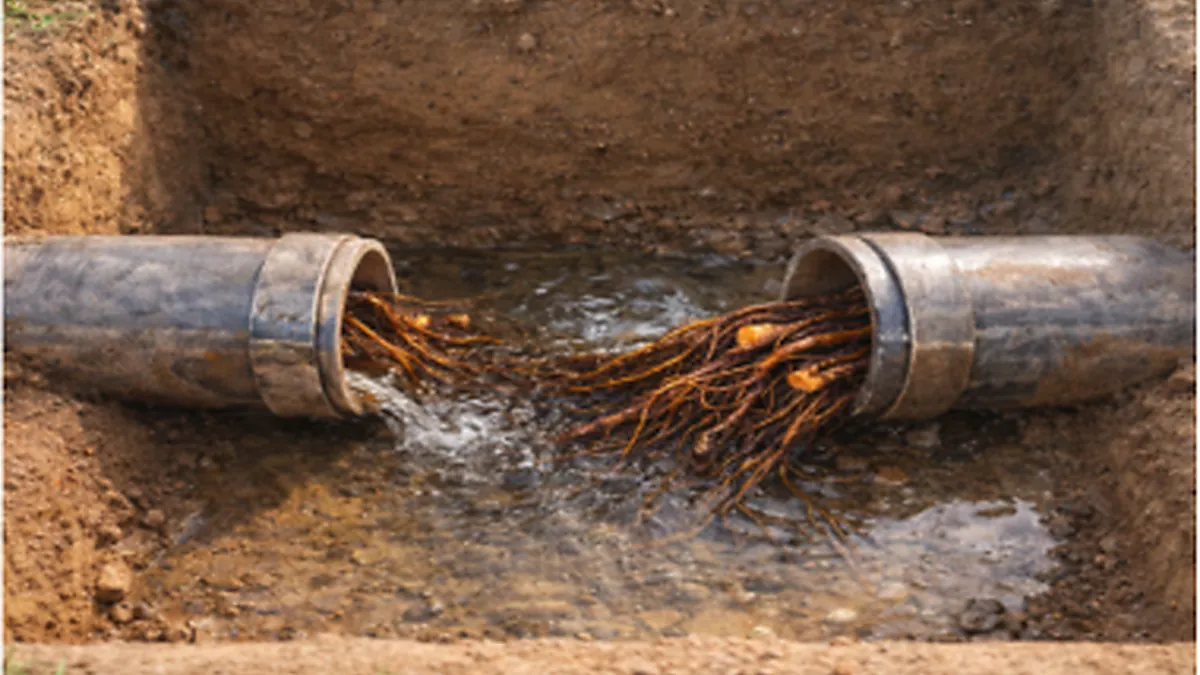 Damaged sewer line exposed for repair